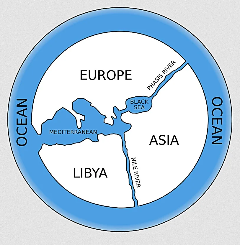 The first world map ever, created by Anaximander of Miletus (610 BC–546 BC), a Greek philosopher