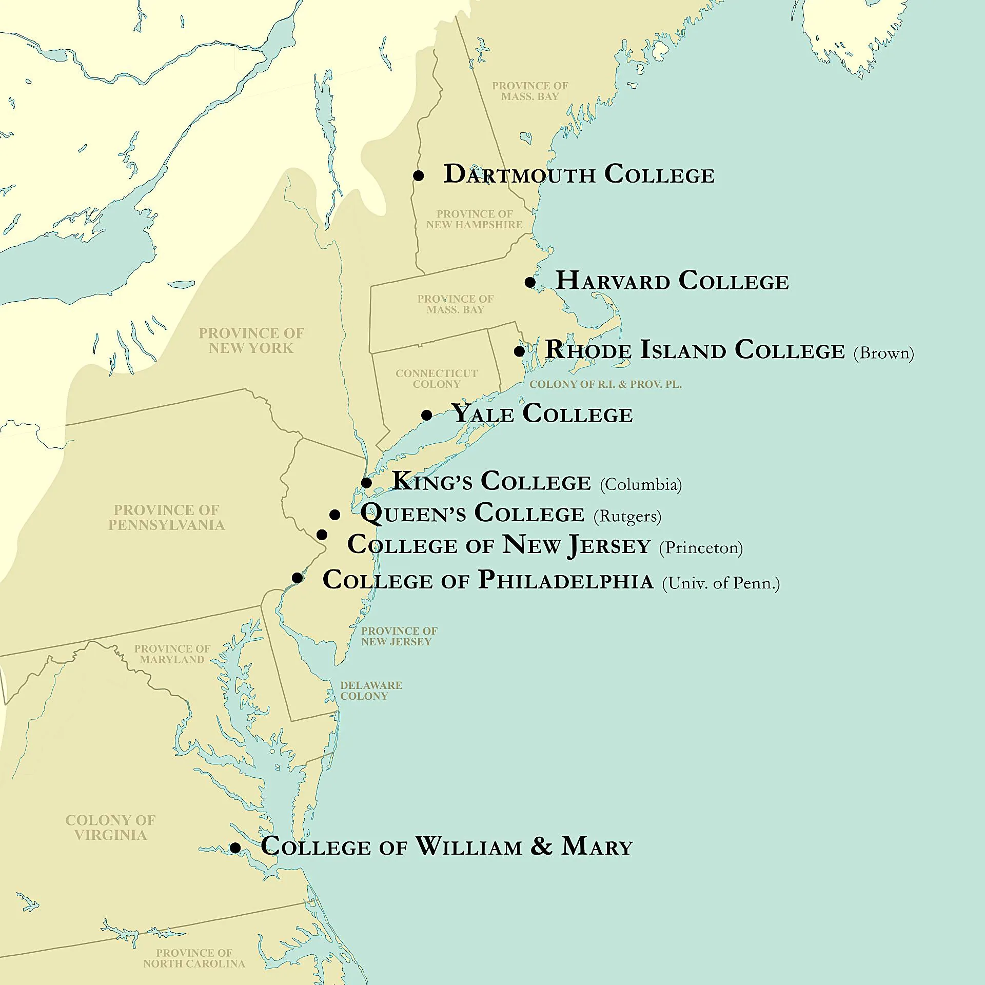 Locations of the nine Colonial Colleges founded before the American Revolution