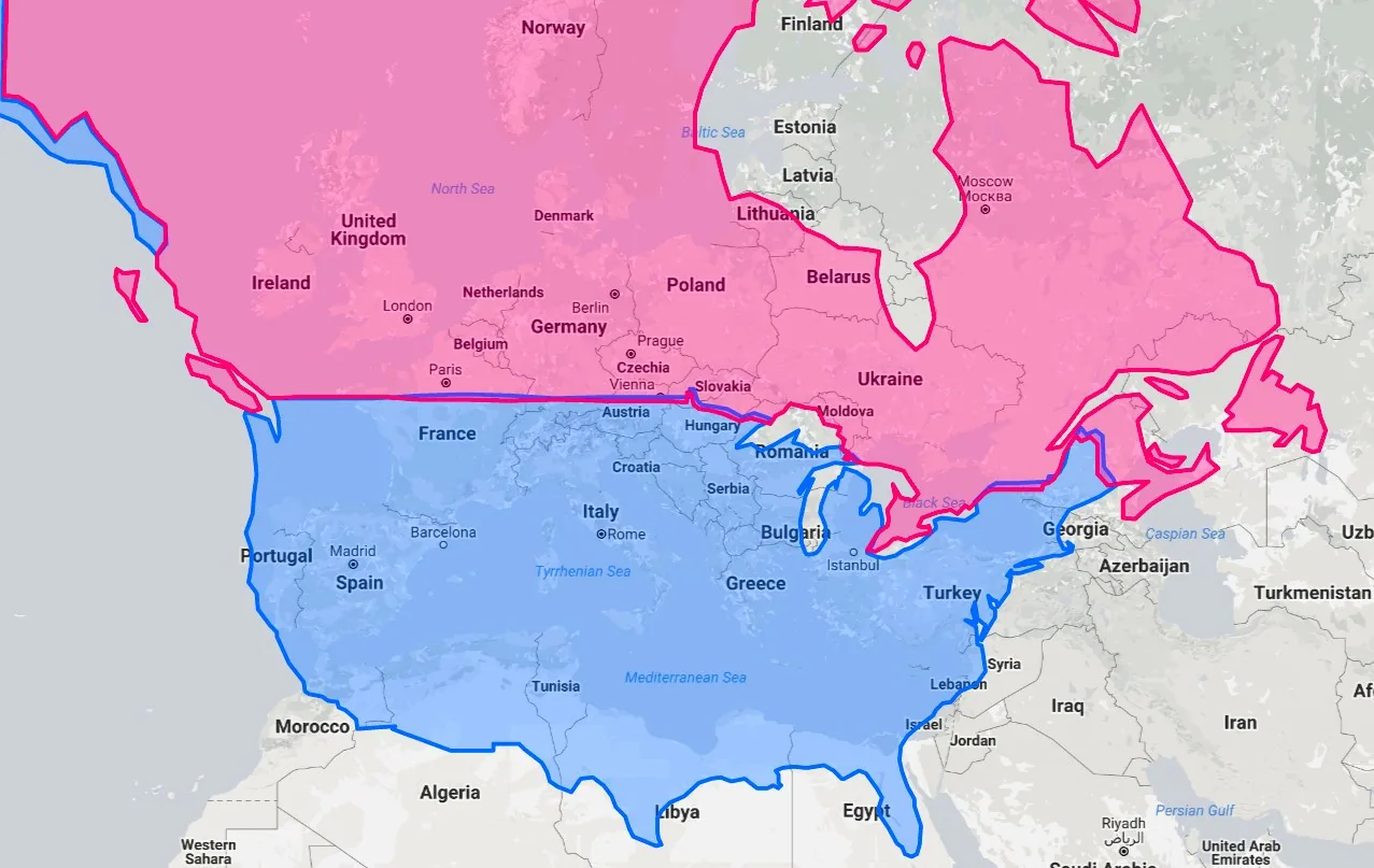 The US and Canada mapped at equivalent European latitudes